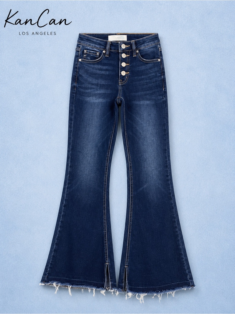 KanCan "Lurch" Mid-Rise Button Fly Flare Jeans "KC7338D" Raw Hem Dark Wash